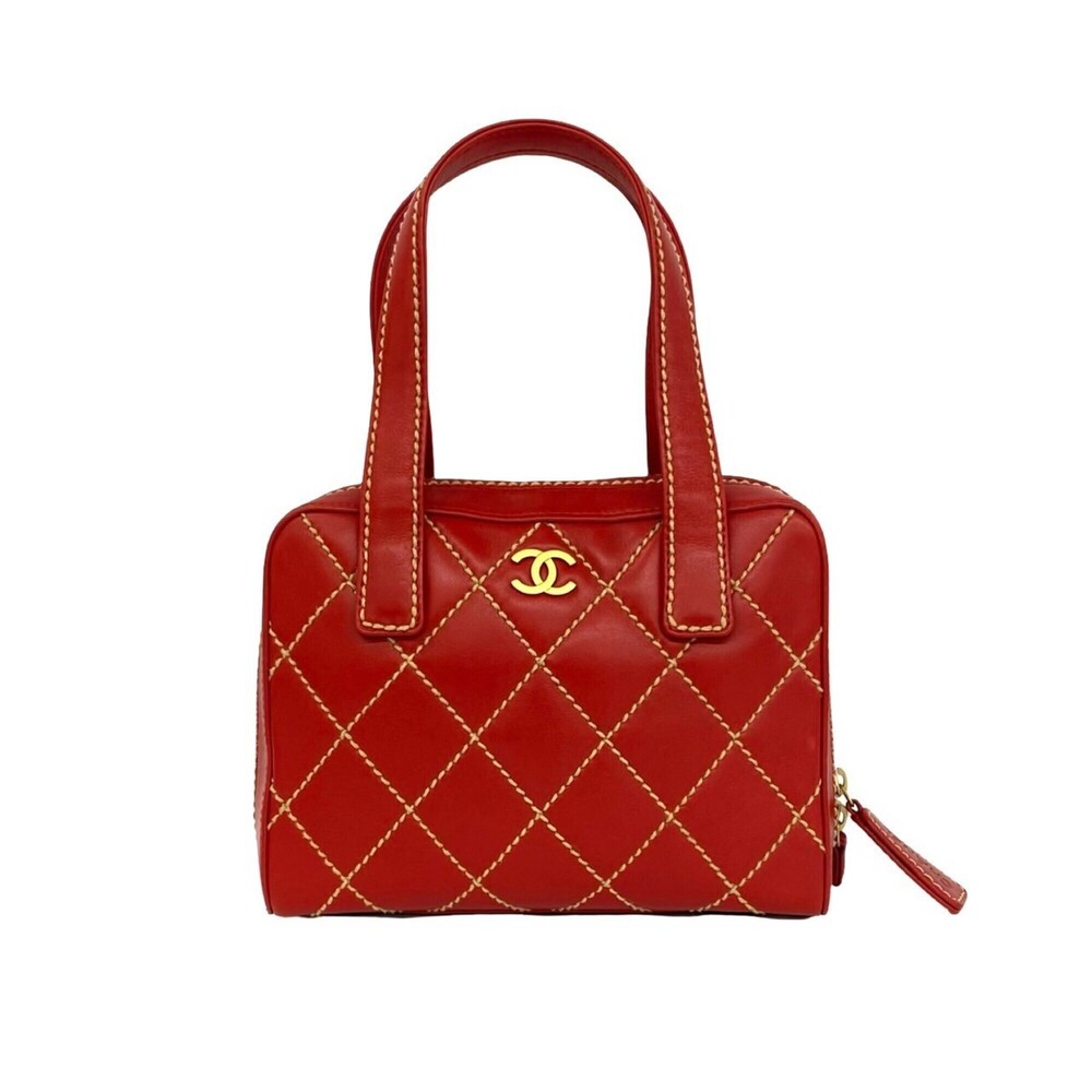 CHANEL Chanel Coco Mark Wild Stitch Leather Genuine Handbag Mini Tote Bag Red...